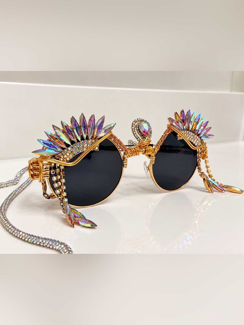 Spunglasses One of a Kind Crystal Festival Sunglasses + Rhinestone Chain